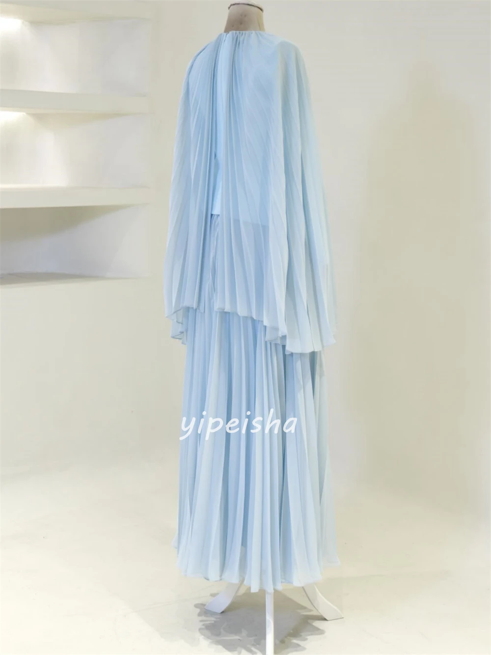 Customized Fashion Women Jersey Beading A-line Evening Dresses O-Neck Long Sleeves Ruched Party Gown Matching Floor Lenght Dress image 6