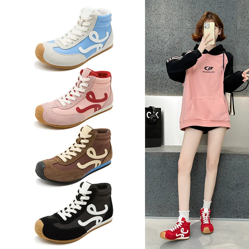 

Женские высокие спортивные повседневные кроссовки с цветными вставками в стиле ретро, увеличенная высота, для ходьбы в помещении, с круглым носком, резиновая подошва