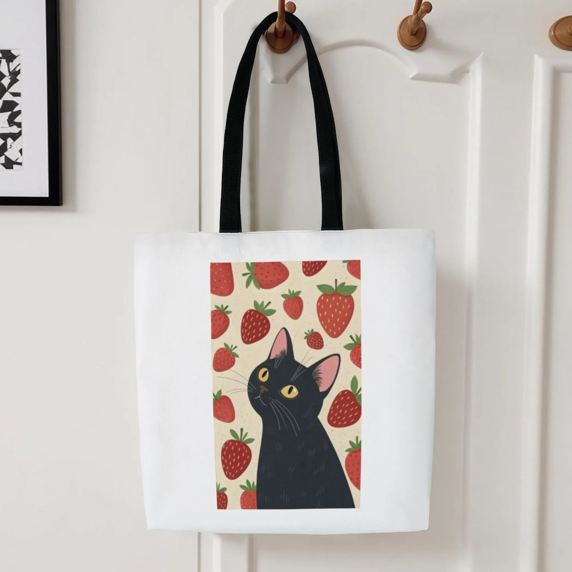 Sweet Cat Style Canvas Tote Bag Black Cat & Strawberry Design Shoulder Bag for Women Large Reusable Suitable for Daily Dating