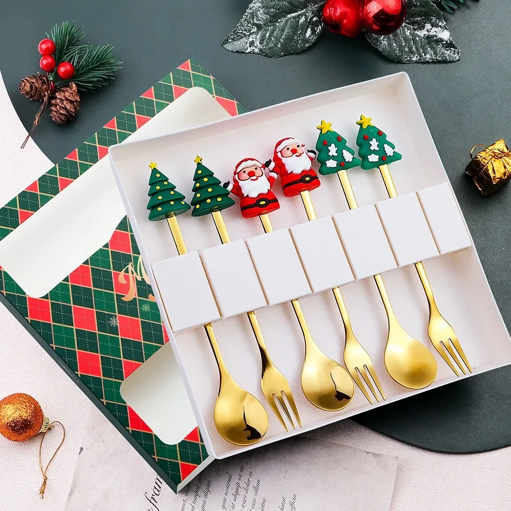 

6Pcs Christmas Coffee Spoons Forks Set Stainless Steel Cartoon Fun Snowman Spoon Forks Tableware Christmas Gifts for Kids