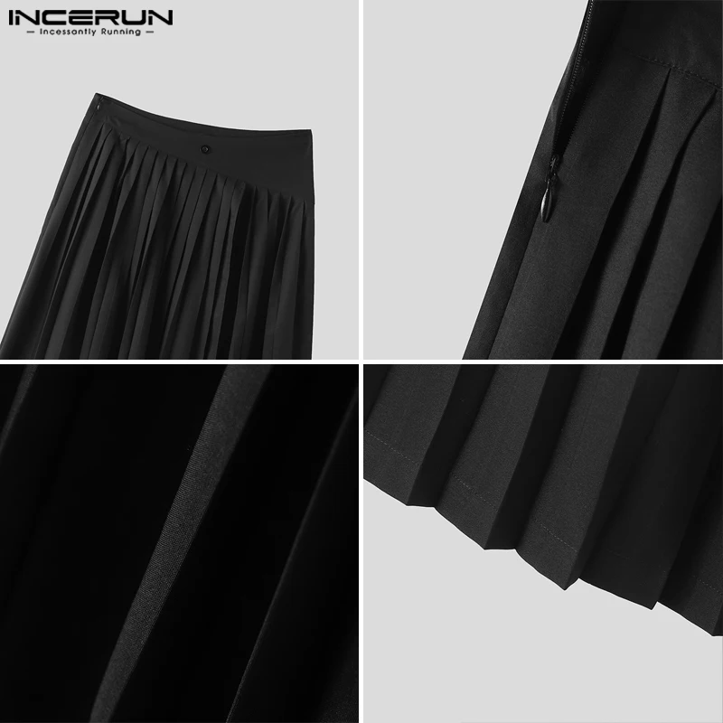 2023 Men Skirts Pleated Zipper Solid Loose Fashion Casual Unisex Irregular Skirts Pants Streetwear Split Men\'s Bottoms INCERUN