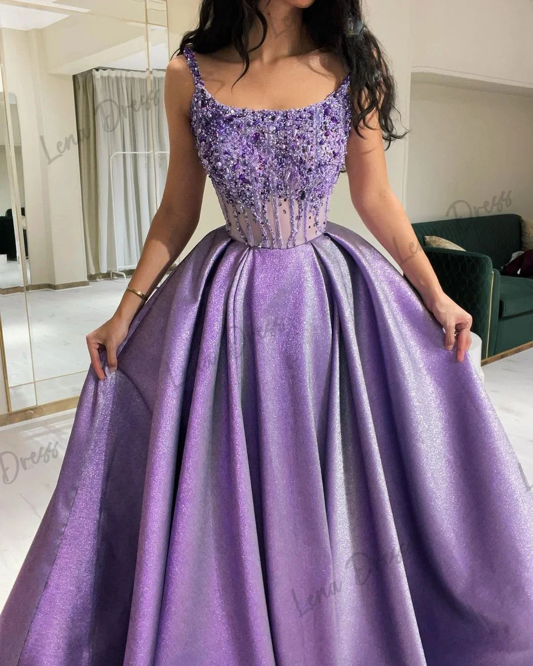 Lena-2024 Square neckline thin shoulder strap ball dress pearl sequin formal evening dress occasion dress Robe De Soiree