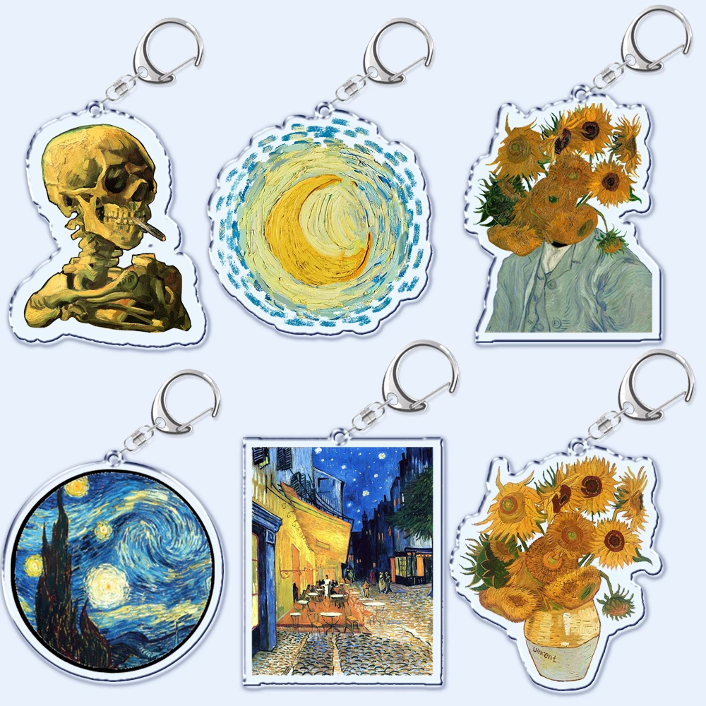 Llavero con pintura al óleo de Vincent Van Gogh, llavero de girasol de la noche estrellada para accesorios, bolso, colgante, anillo, regalos de joyería