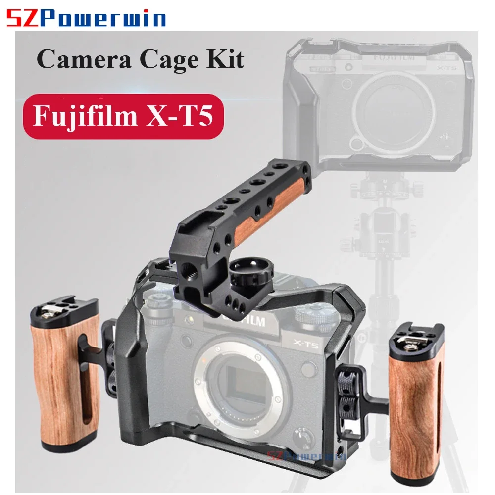 Powerwin For Fujifilm X-T5 Camera Cage Rig Kit with wooden Handle Multifunctional Arri Locating Screw Aluminum Alloy