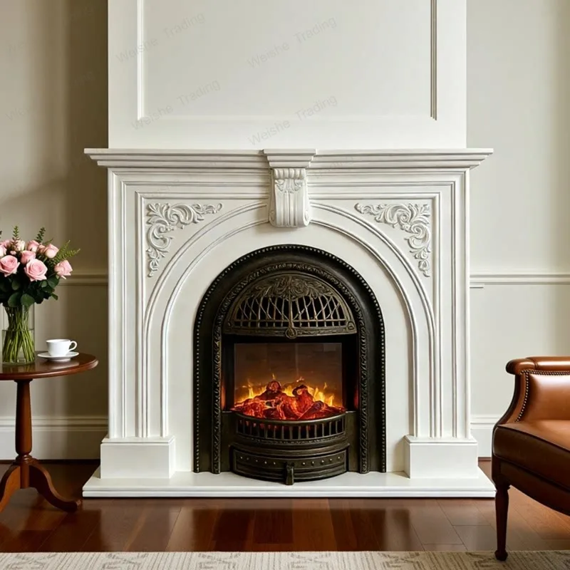 

French vintage fireplace cabinet simulated fire heating solid wood entryway cabinet American living room carved fireplace