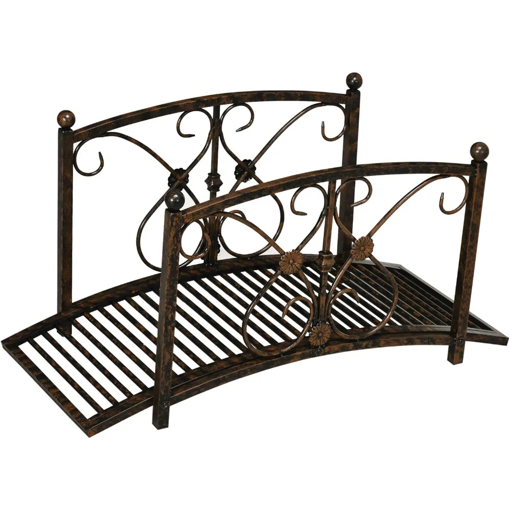 

3.3FT Metal Arch Zen Garden Bridge with Safety Siderails, Decorative Footbridge, Delicate Floral Scrollwork for Stream,
