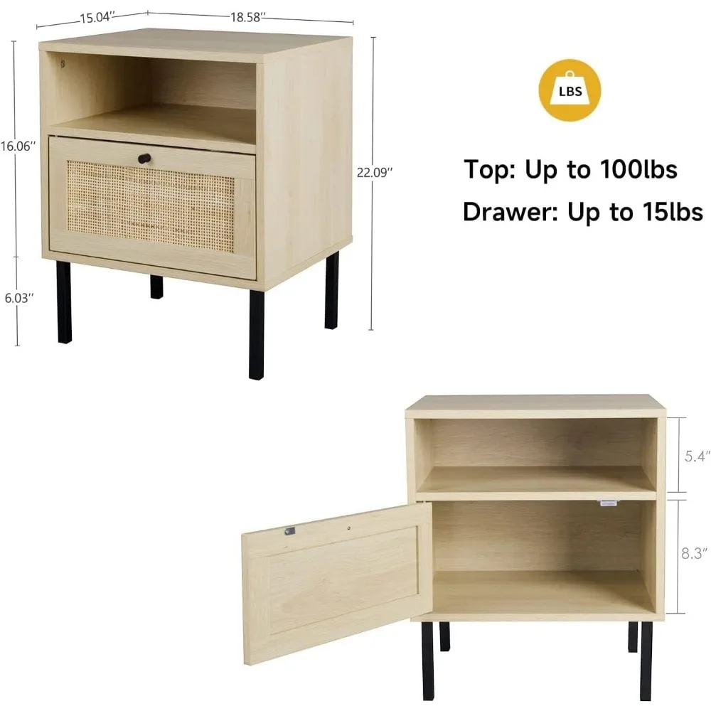 Set di 2 comodini in rattan naturale, tavolino, comodino Boho con 1 porta decorata fatta a mano per soggiorno, camera da letto