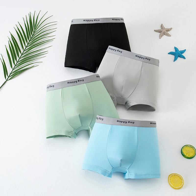 4-Piece Set of Boys' Four Season Solid Color Simple Underwear, Comfortable Elastic Waisted Children's Boxer Shorts, Home Shorts