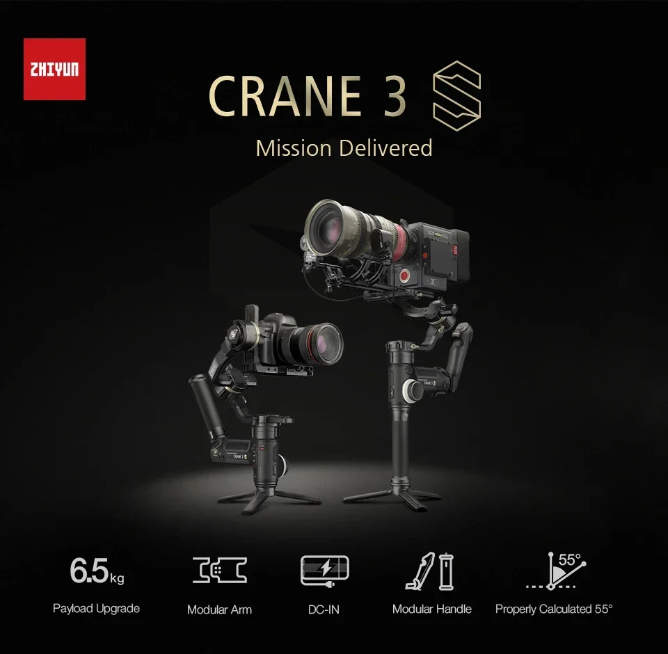 Zhiyun CRANE 3S مثبت كاميرا Gimbal محمول 3 محاور يدعم 6.5 كجم كاميرا فيديو DSLR لكاميرات الفيديو Nikon Canon