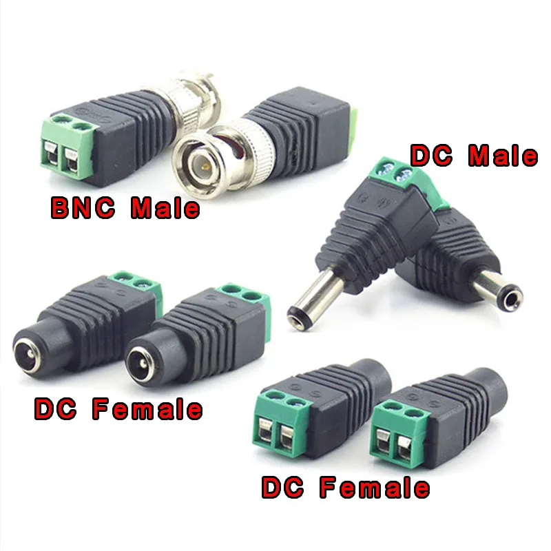 DC macho e fêmea Plug BNC macho conector, CCTV DC cabo de alimentação, adaptador para LED Strip Light, 2.1x5.5mm, 12V, 1 Pc, 2 Pcs, 10Pcs