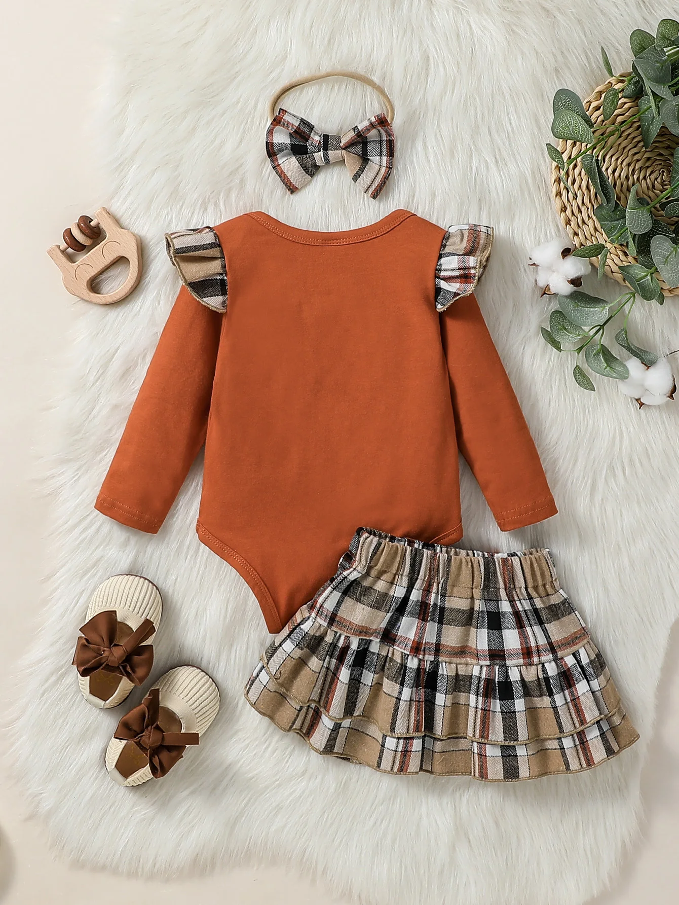 3PCS Newborn Baby Girls Autumn Solid Bodysuit +Plaid Skirt With Bow  Suit Infant Baby Preppy Style Set