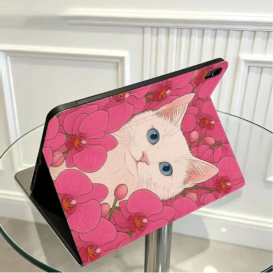 Red Rose White Cat With Pencil Holder Case for Samsung Galaxy Tab S10FE A8 S7 S8+ S11 A11 S10 Plus A7 Lite S9 FE S9+ S10 Lite