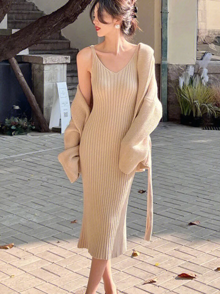 New Autumn Winter Knitted Dress Sets Women Korean Fashion Long Sleeve Cardigan Coat + Bodycon Sling Dresses Two Piece Set Suits