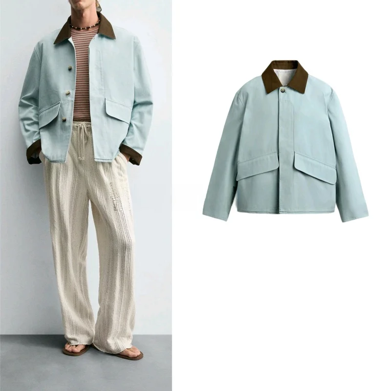 

New Autumn Men's Casual Loose Color Blo Collar Jaet with kets Faionable Polyester Fiber Long Sve Youth Coat