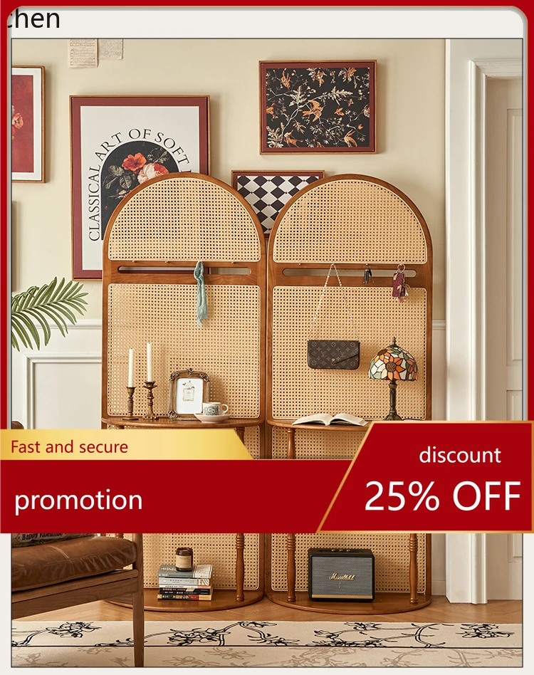 ZML retro solid wood rattan screen partition living room entry door porch modern simple shelf