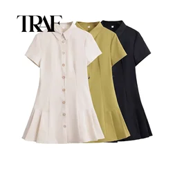 TRAF Summer New Product Women's Fashion Slim Fit Waist Wide pleated Paired Polo Neck Short Sleeve Mini Dress