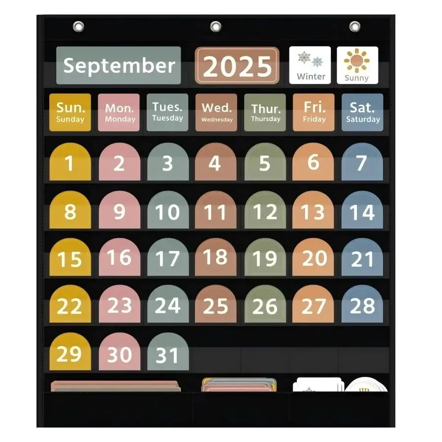 

96 Cards Large Boho Calendar Pocket Chart Classroom Organization Tool with Decorative Design for Teachers, Homeschool, Kids