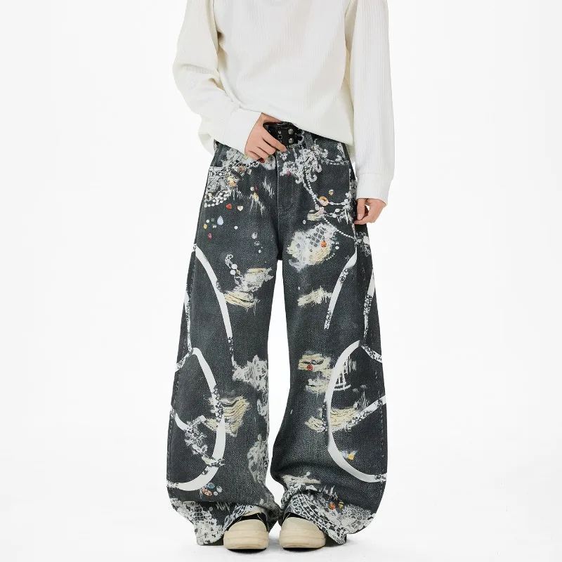 

Мужские джинсы с кружевным принтом в американском стиле, свободного кроя, унисекс, прямые, из денима, длинные брюки, новинка 2026 года, повседневные брюки