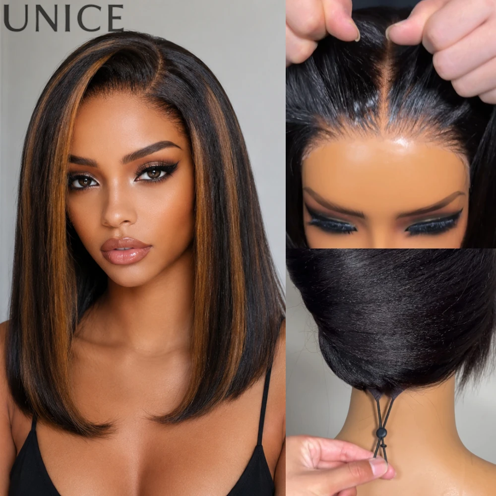UNice No-Slip 7x5 Lace Golden Brown Highlights Yaki Straight Bob Wig Human Hair With Drawstring Glueless Wig Ready To Go