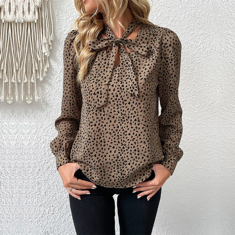 Long Sleeve Blouses for Women Leopard Print Chiffon Tops V Neck Loose Business Shirts Casual Work Tunic