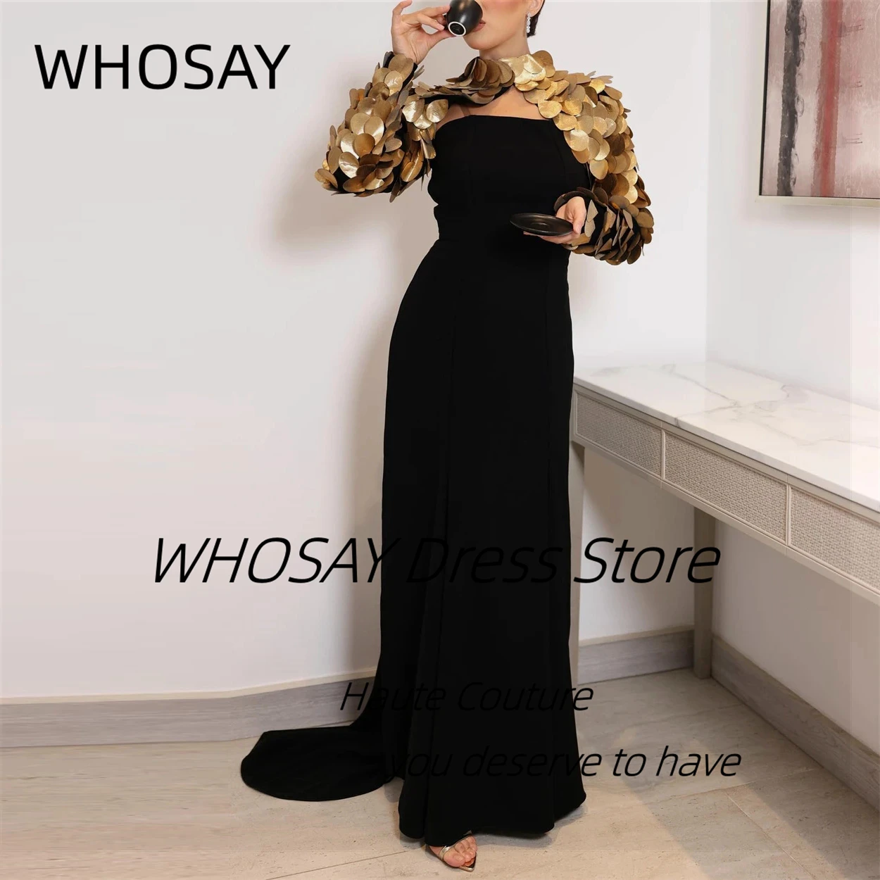 WHOSAY Customized Black Long Prom Dresses Strapless Zipper Back Evening Gowns High Collar Long Sleeves Wedding Party Saudi Women