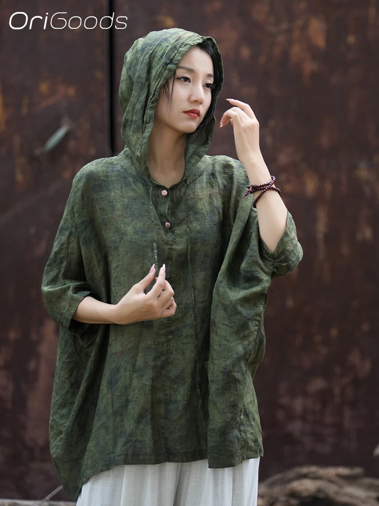 OriGoods Women Summer Hooded Blouse Oversized Thin Natural Fabric Ramie Original TShirt Loose Casual Tops Novelty Shirts B169