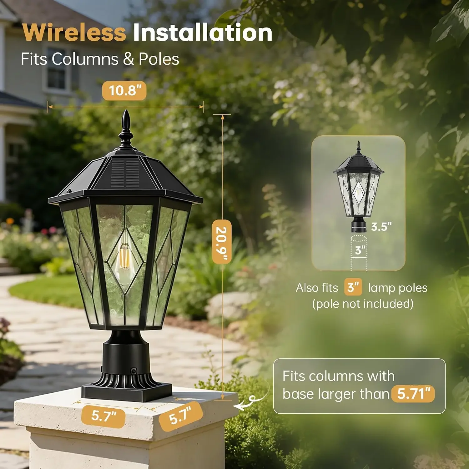 Solar Post Light Outdoor, Dusk to Dawn Vintage Post Lamp with Pier Mount Base, Wireless Black Waterproof Fence Pole Light with A