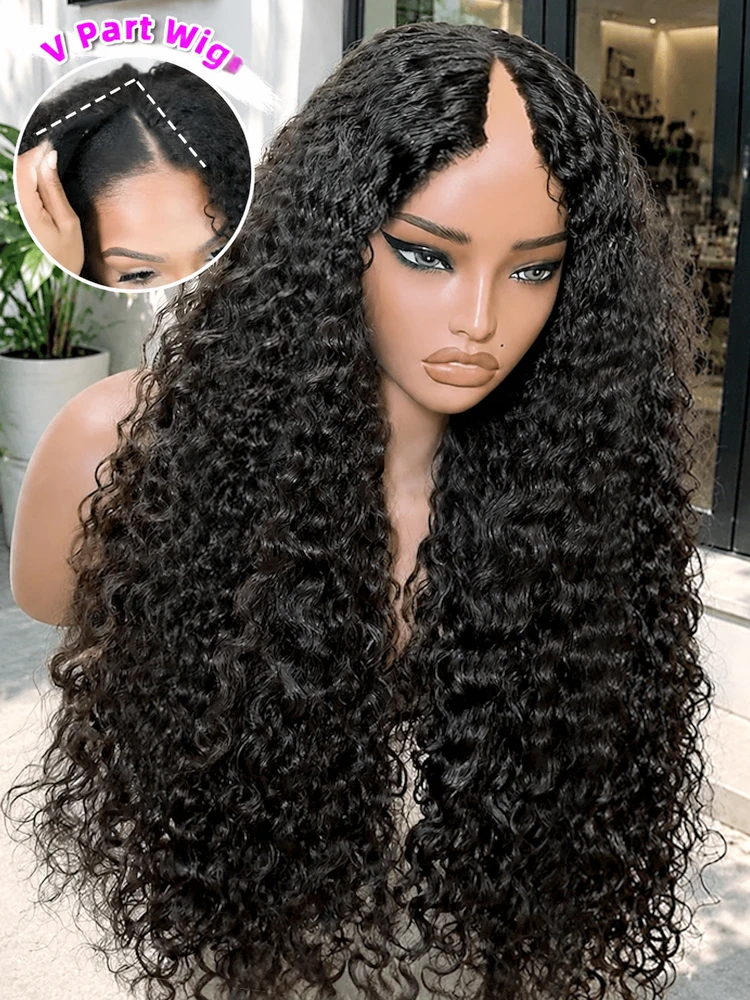 Curly V Part Wig Human Hair No Leave Out No Glue Brazilian Deep Curly Wave U Part Human Hair Wig for Women 210% Density