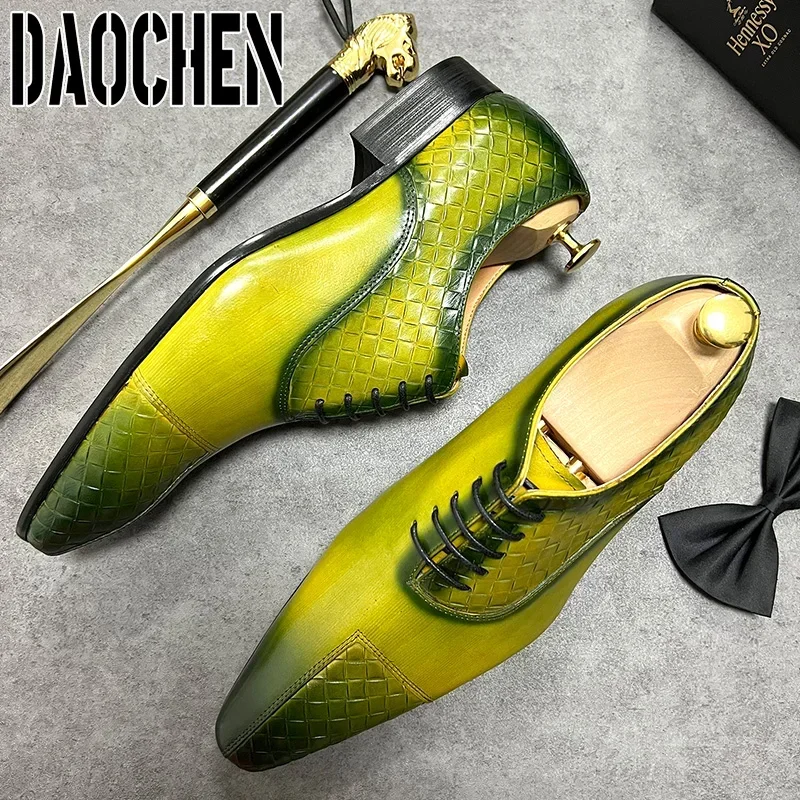 Luxury Men Leather Shoes Lace up Split Toe Weave Print Black Green Oxford Shoes Business Wedding casual men dress shoes