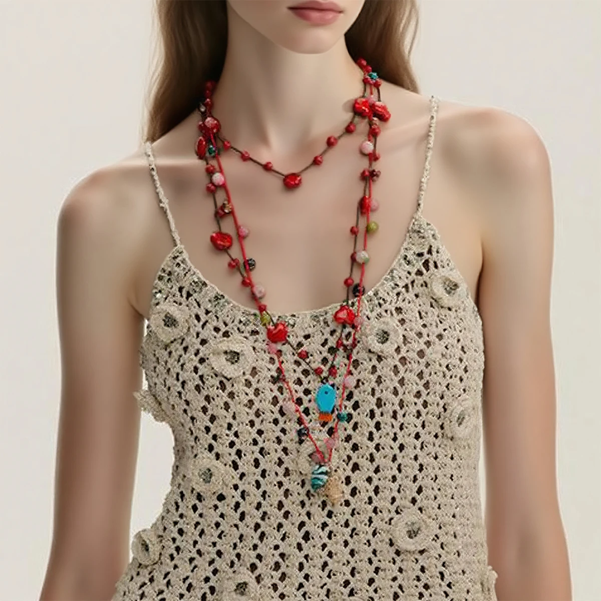 

ZAA Boho Multilayer Resin Heart Charm Handmade Beaded Necklace for Women Fashion Holiday Party Jewelry Gifts