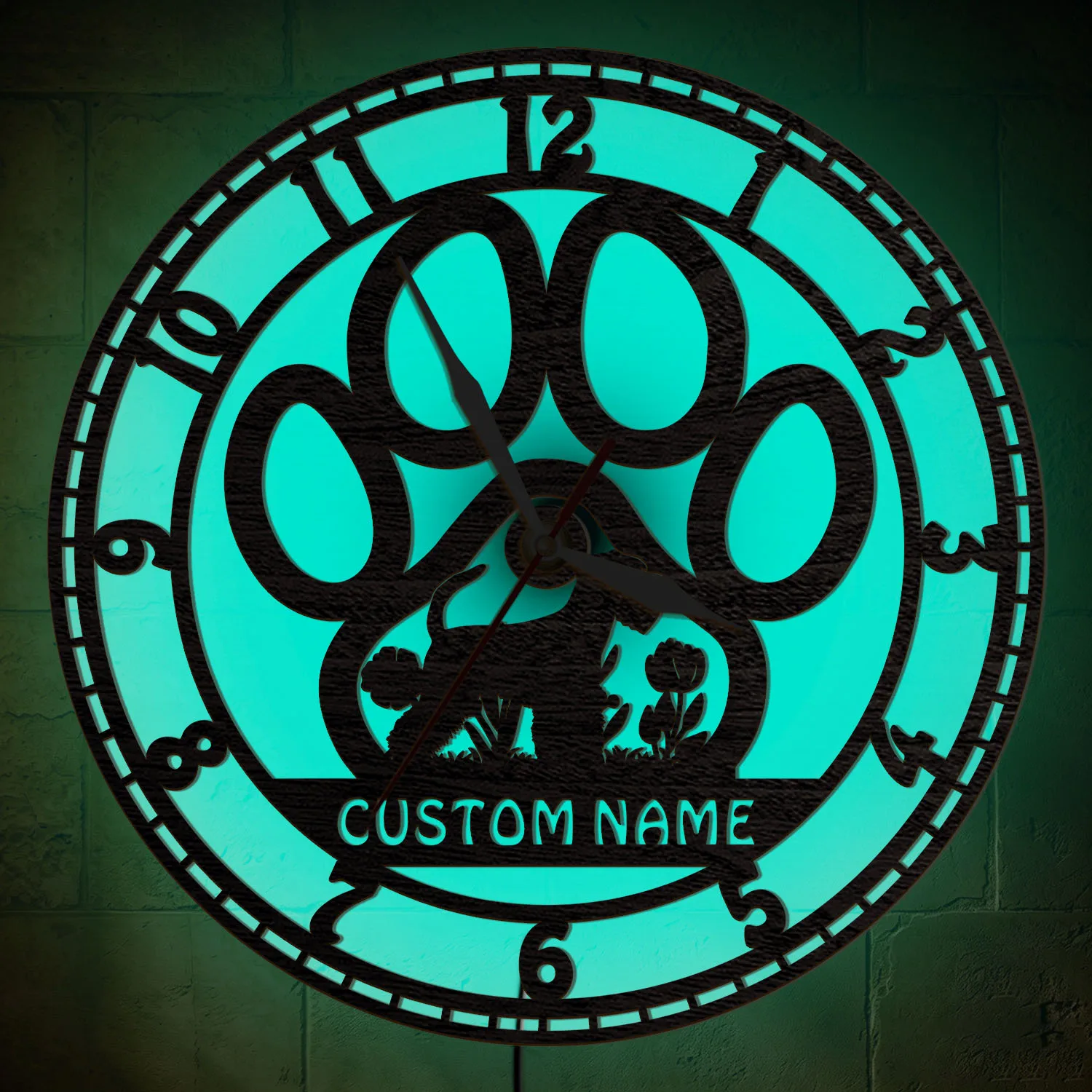 Personalized Dog Paw Wood Wall Clock Glow in Dark for Vet Clinic Pet Grooming Shop Multi Color LED Light Sign Backlit Wall Clock