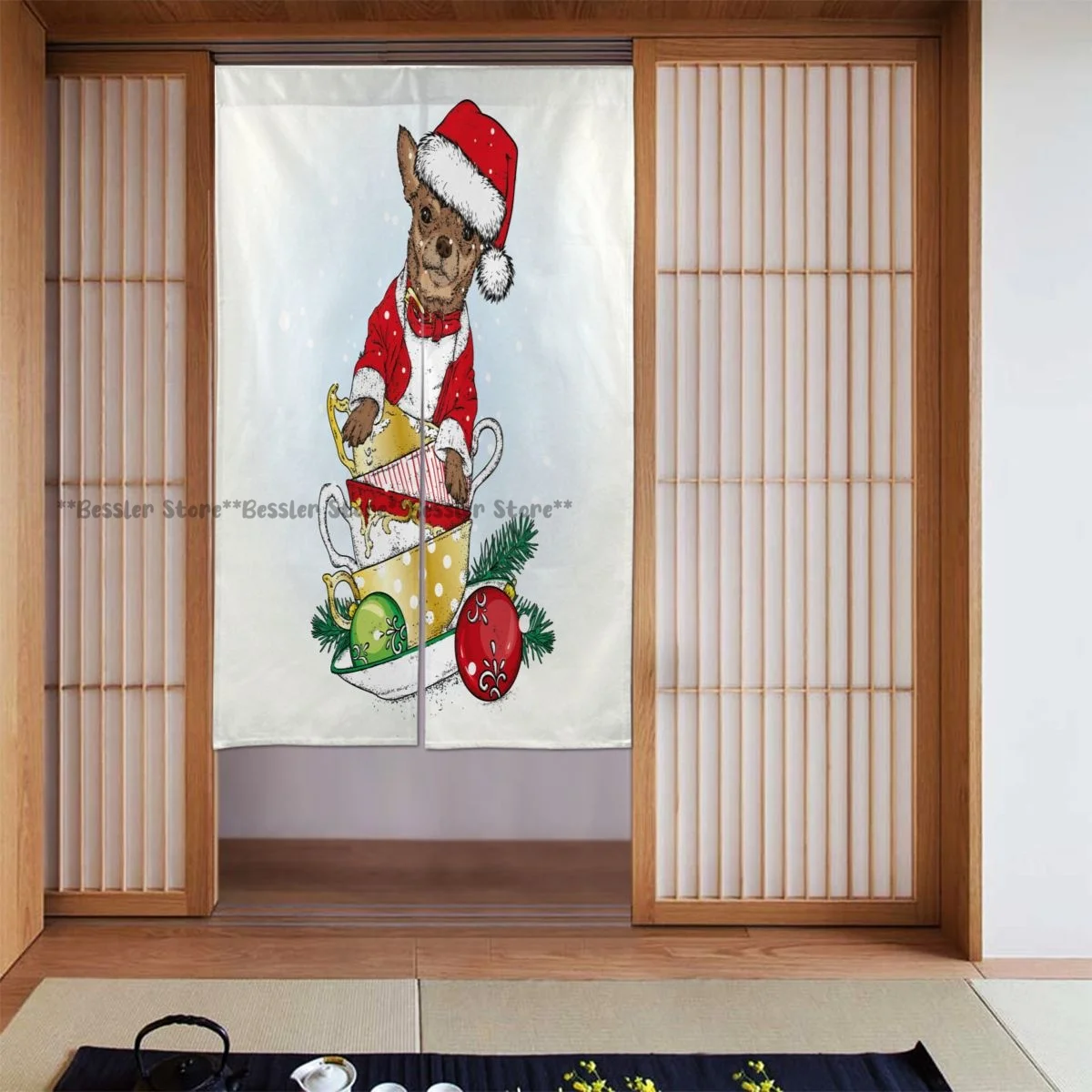 

Door Curtain Room Decoration Beautiful Dog In Christmas Hat Hanger Poster Curtains For Bedroom