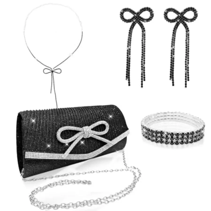 

4 Pieces Bow Evening Sparkly Bags Clutch Purse for Women Handbags Wedding Party Cocktail Prom Rhinestone Bag