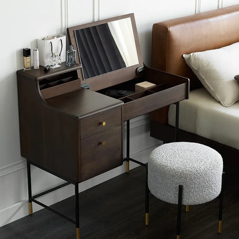 

Italian minimalist solid wood flip dresser master bedroom storage cabinet integrated walnut light luxury makeup table