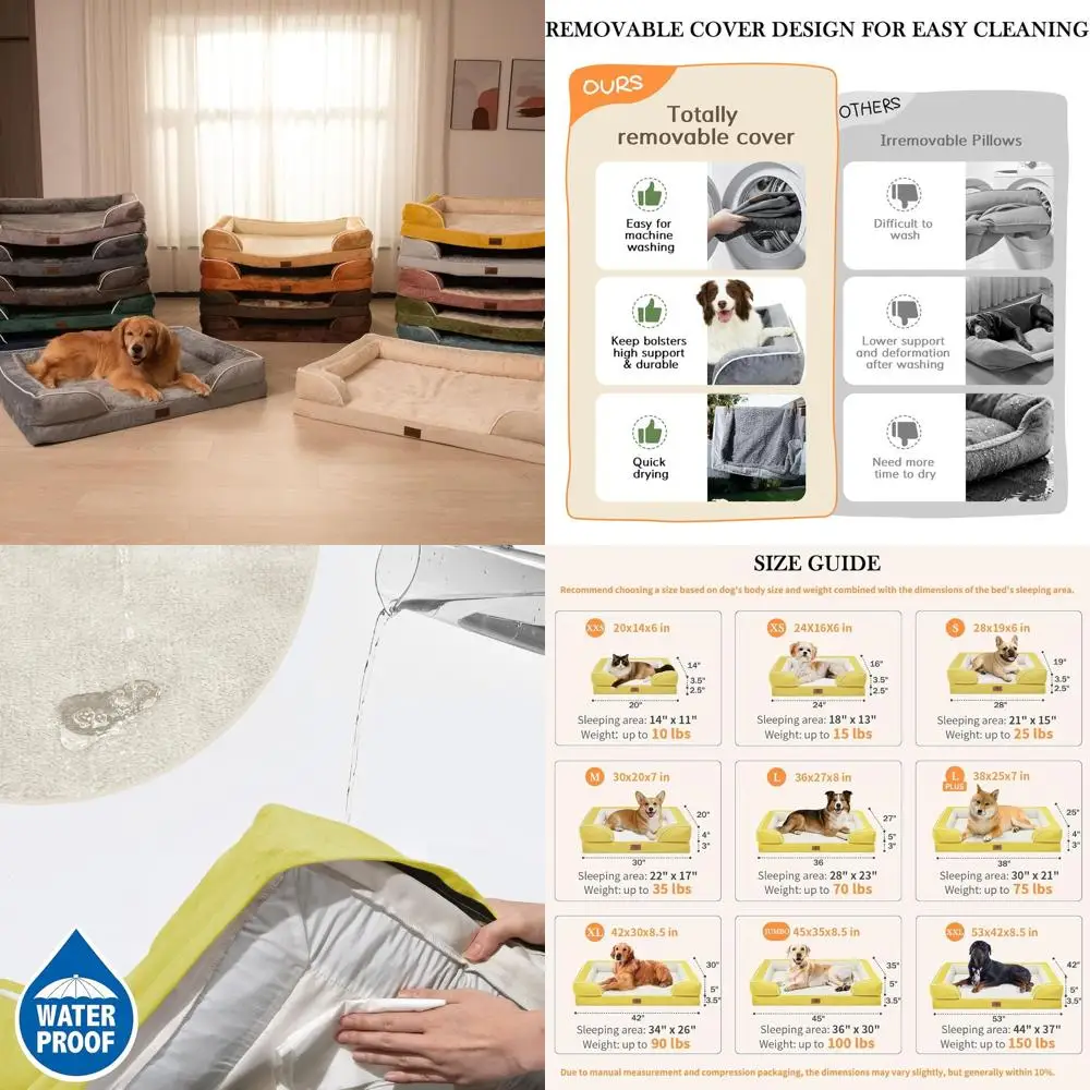 Cama para perros XL extragrande impermeable con refuerzo extraíble, 45 x 35 pulgadas, cubierta lavable de mostaza picante y base antideslizante