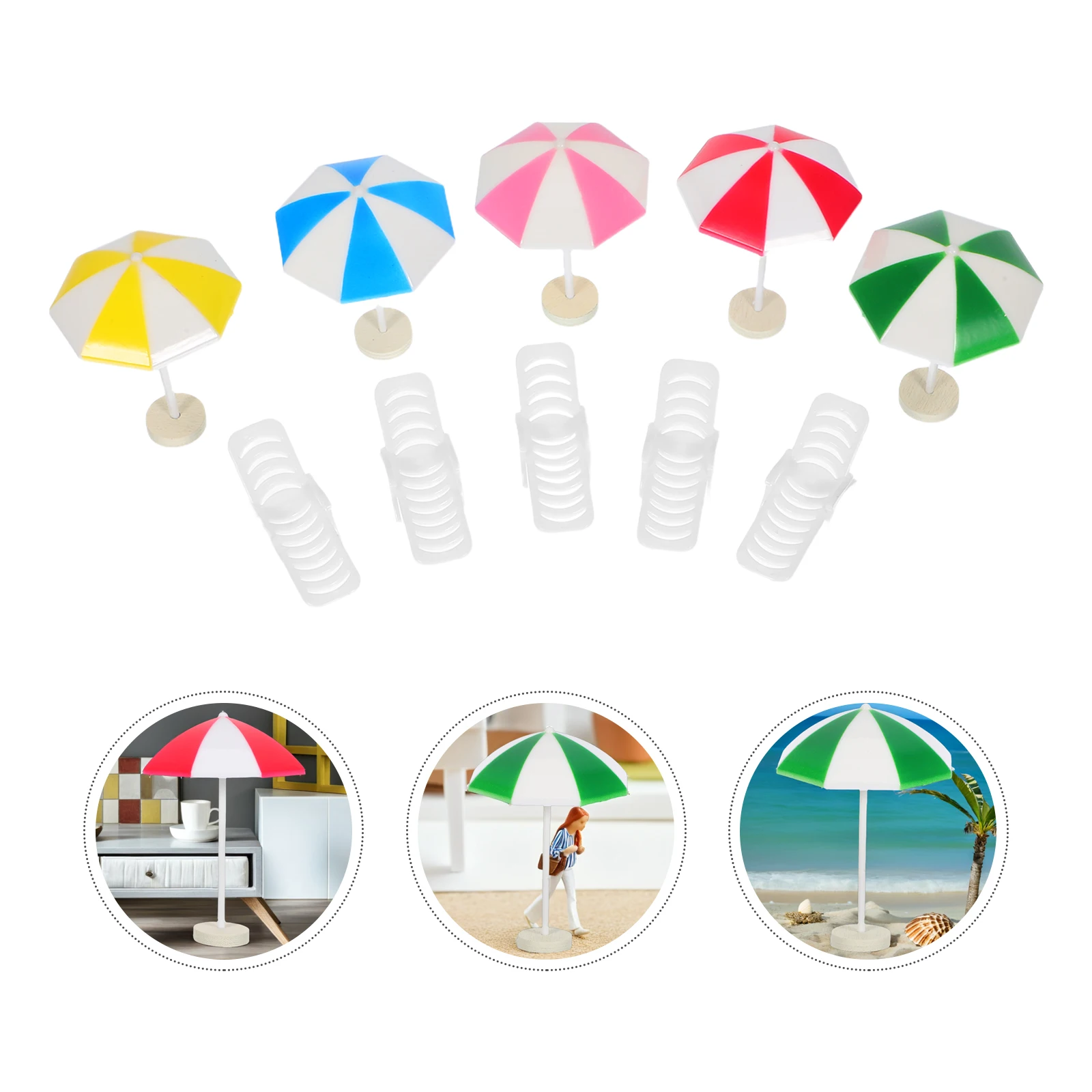 5er-Set Mini-Strandschirme, 5 Sets, Miniaturen, Basteln, Puppenhaus, Meer, kleiner Sonnenschirm, Gartenfotografie-Requisiten, Spielzeug, Möbel