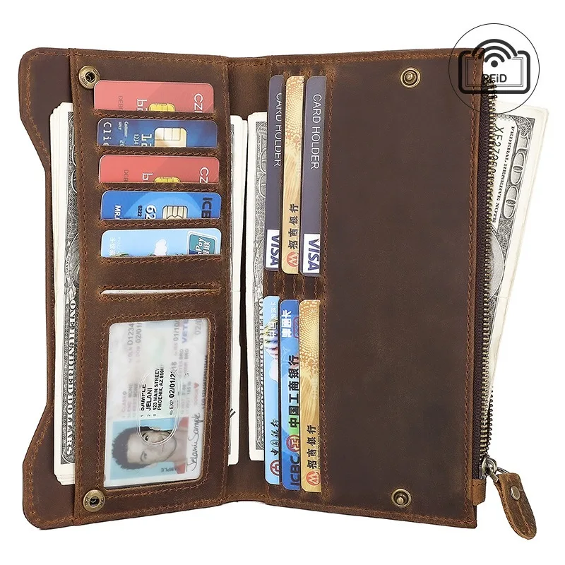 Retro Leather Wallet Men's RFID Protection Multi-card Wallet Long Cowhide Card Bag