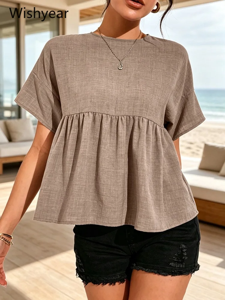Ladies Summer Fall Linen Blend Short Sleeve T-Shirt Top Brown Round Neck Loose Gathered Hem Casual Blouse for Office and Weekend