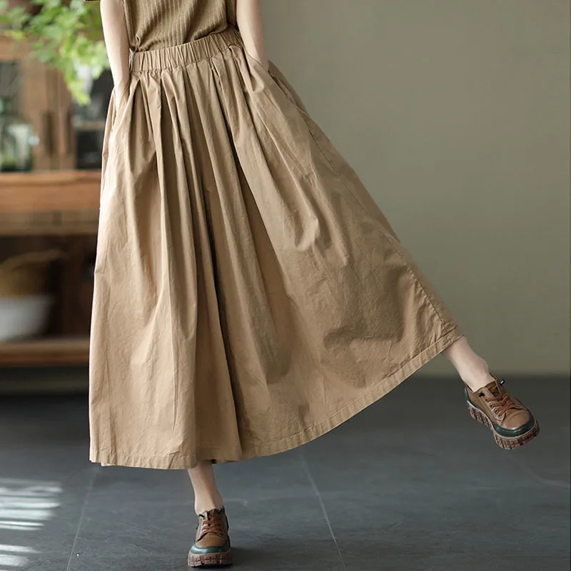 NINI WONDERLAND Autumn Cotton Casual Wide Leg Pants 2024 Spring Women Elastic Waist Loose Ankle Length Pants Vintage Trousers