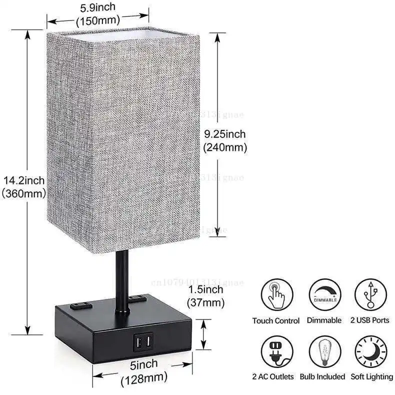 Modern simple living room study bedroom bedside table light square linen USB US standard touch light