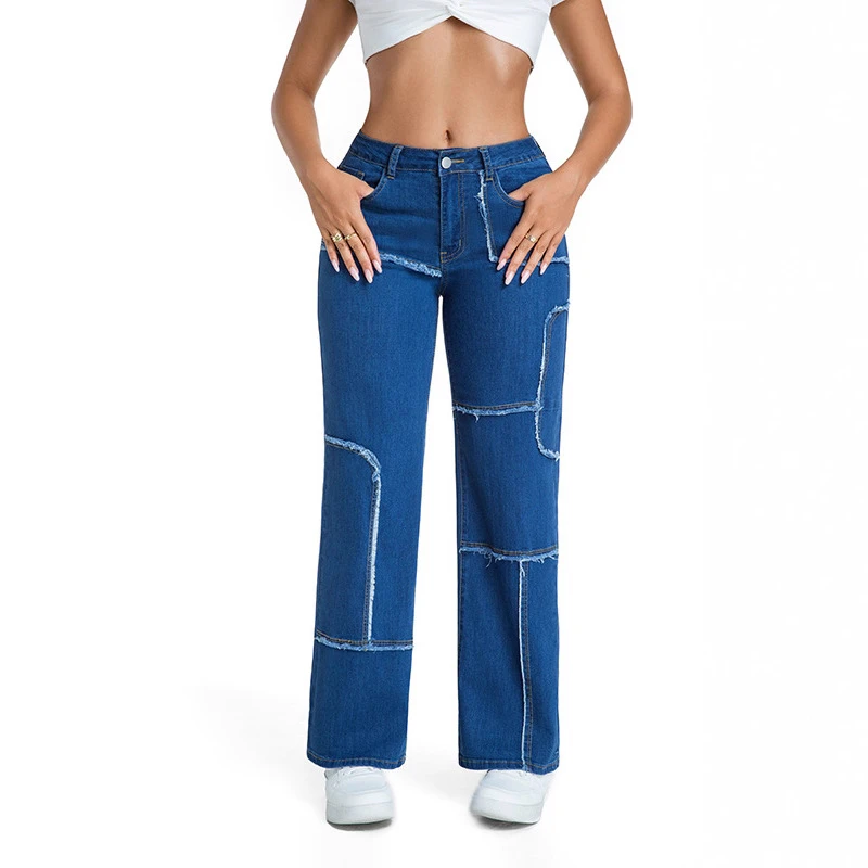 Women Fashion Spliced Raw Edge Jeans 2026 New Basic Solid Pockets Straight‑Leg Long Pants Casual Loose Mid‑Rise Denim Trousers