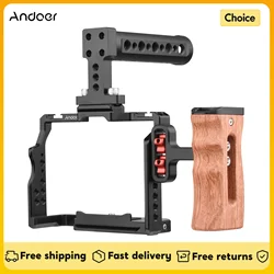 Andoer Camera Video Cage +Top Handle +Side Wooden Grip Kit with 1/4 Inch Threads for Sony A7IV/A7III/A7II/A7R III/A7R II/ A7S II