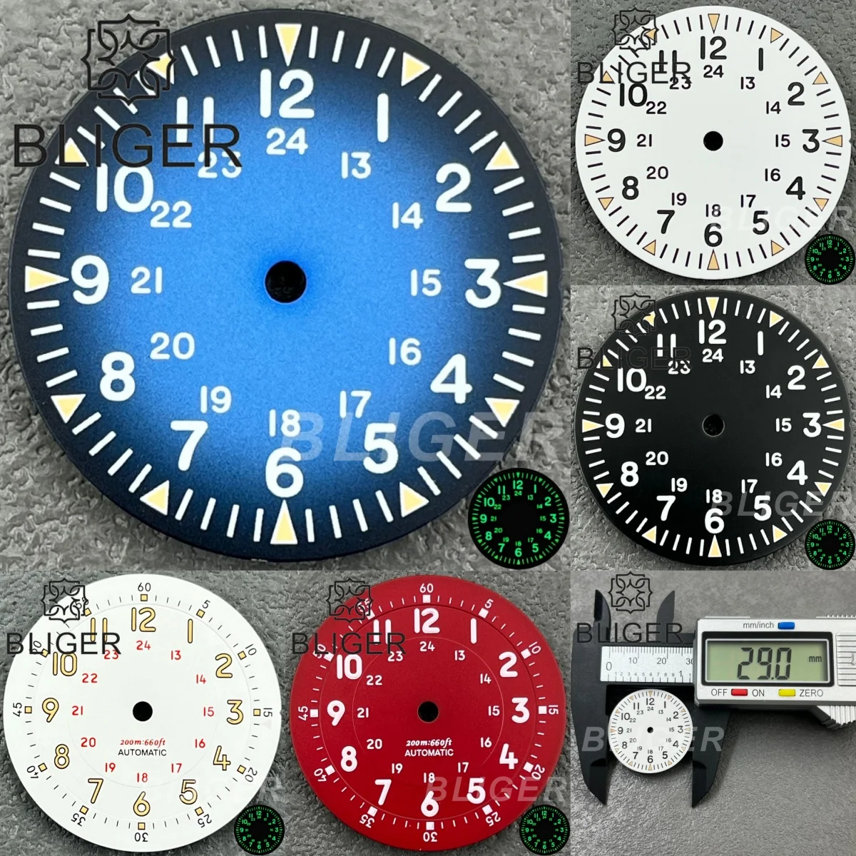 BLIGER 29mm 12 Hour Filed Pilot Watch Dial With Green Luminous Suitable NH34NH35NH36 Miyota ETA2824 PT Movements Watch Accessory