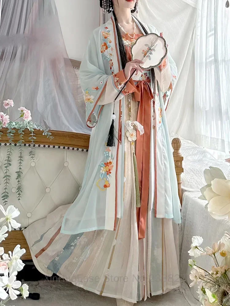 WATER Chinese Traditional Hanfu Embroidery 4pcs Set Women's Costume Woman Ancient Dresses Song Dynasty Oriental Princess