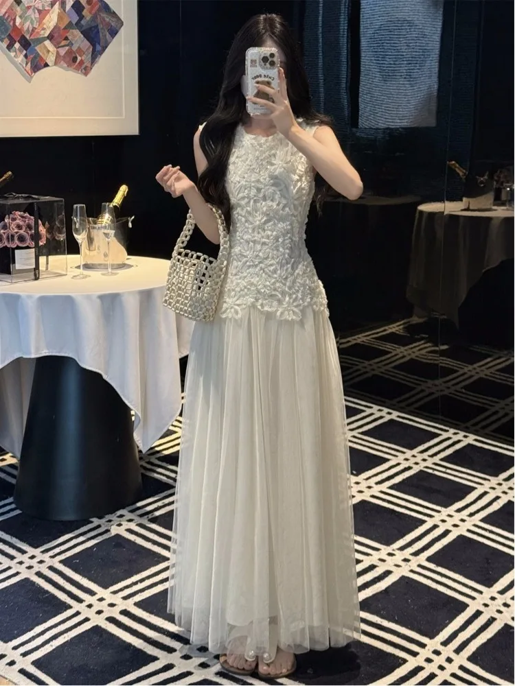 

Summer Sleeveless Heavy Embellished Large Size Vest Dress Slimming Versatile High Waist A-Line French Style Breathable Long S...
