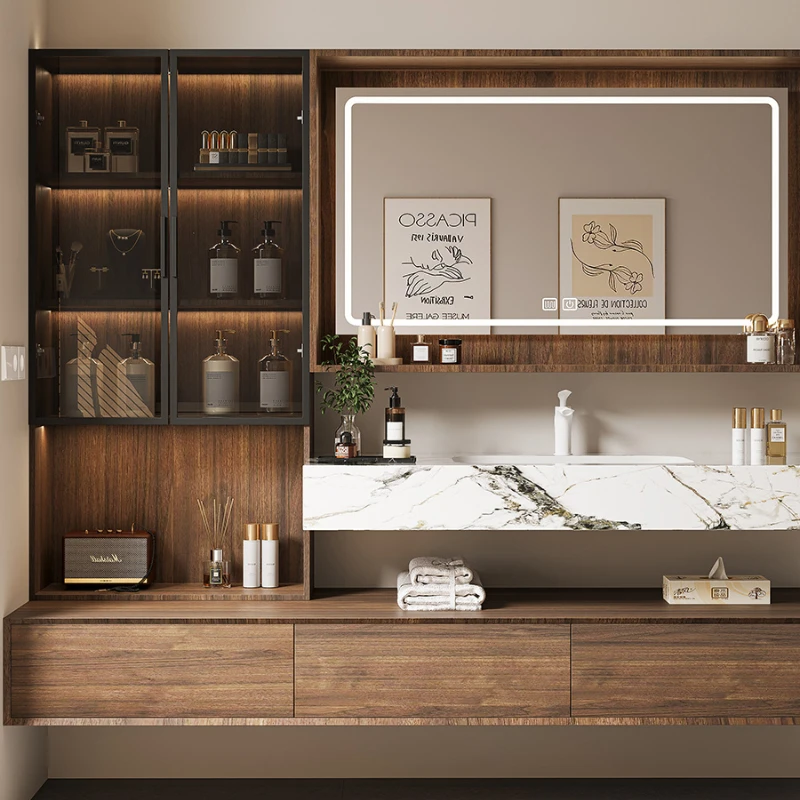 

Walnut slate integrated basin, rubber wood bathroom cabinet combined washbasin