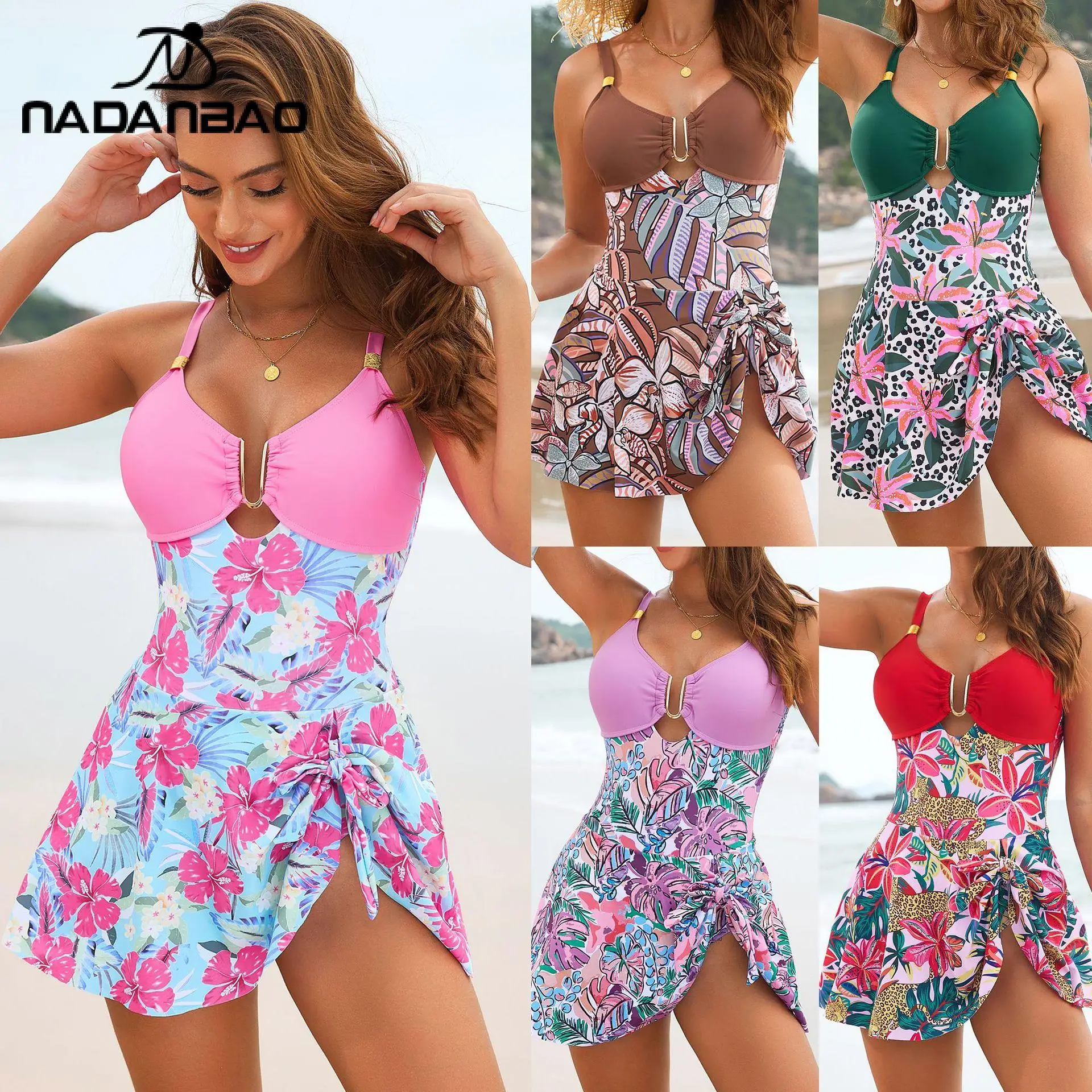 

Nadanbao Floral Print One-Piece Skirt Swimsuit Women Multi-Color Camisole Swimwear High Elastic Slim Bathing Suit Lady Beachwear