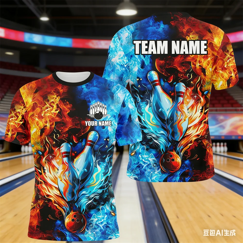 Camiseta Masculina Engraçada com Estampa 3D de Bola de Boliche, Personalização com Nome, Camisas de Equipe de Boliche, Casual, Gola Redonda, Solta, Manga Curta