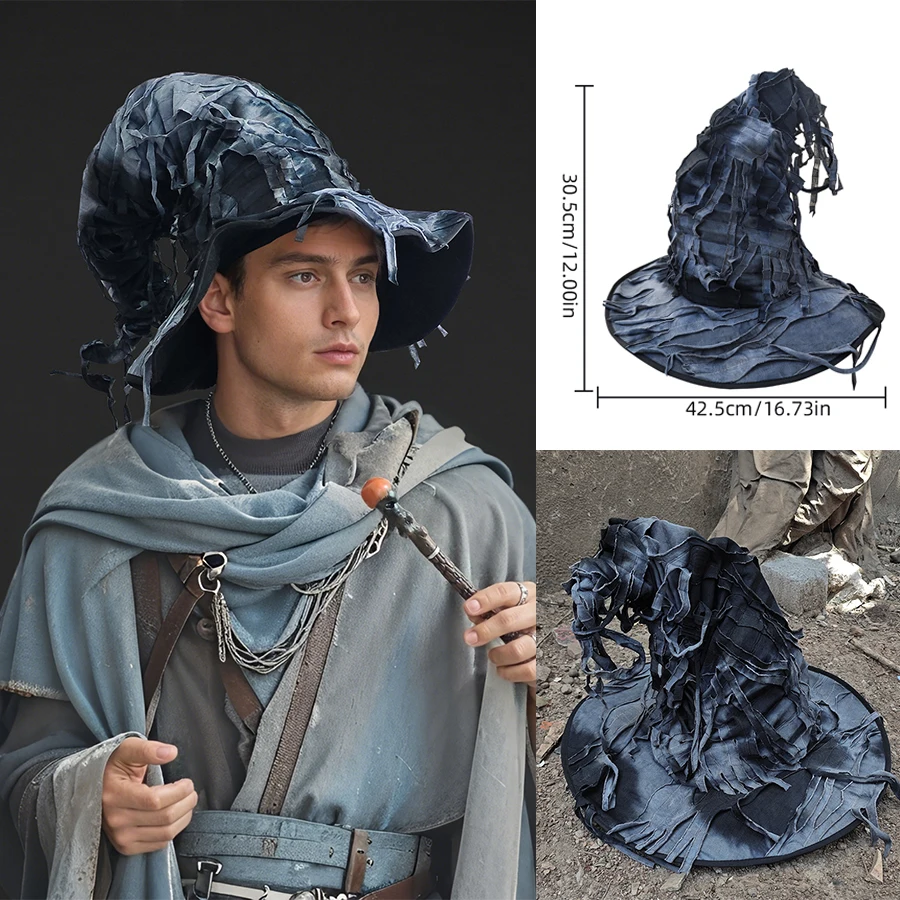 Sombrero de bruja vaquero para cosplay de Halloween - Sombrero de imitación de mago antiguo - Accesorios de disfraz de mago hechos a mano