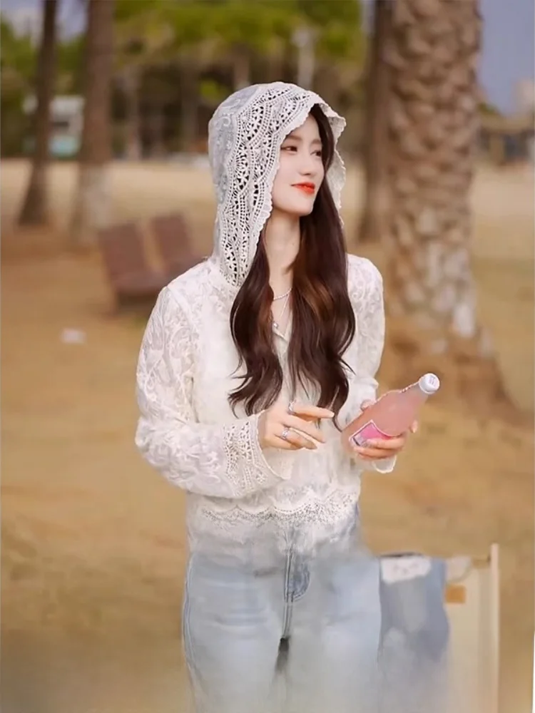 

Heavy-Work Hook-Flower Lace irt Women's Base Layer Top with Hat Korean Sle Loose Fit Long Sve ort Length Color